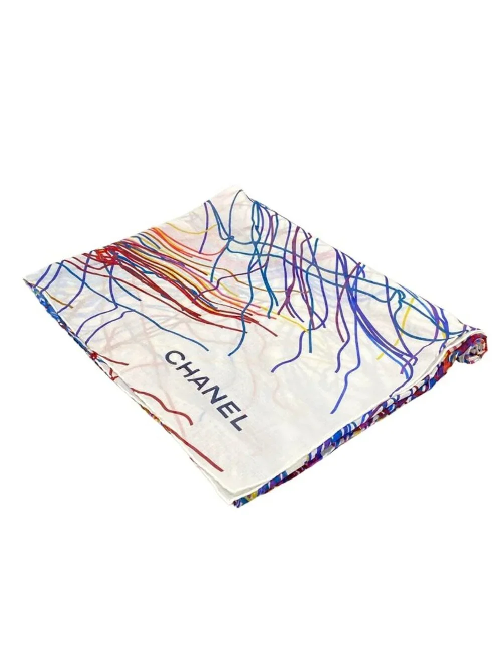 Chanel Shawl White CC Logo Cotton Scarf